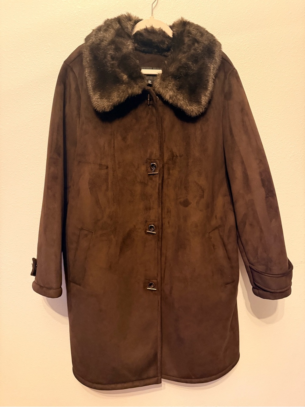 Women's Brown Faux-Suede Trench Coat with Faux-Fur Collar
